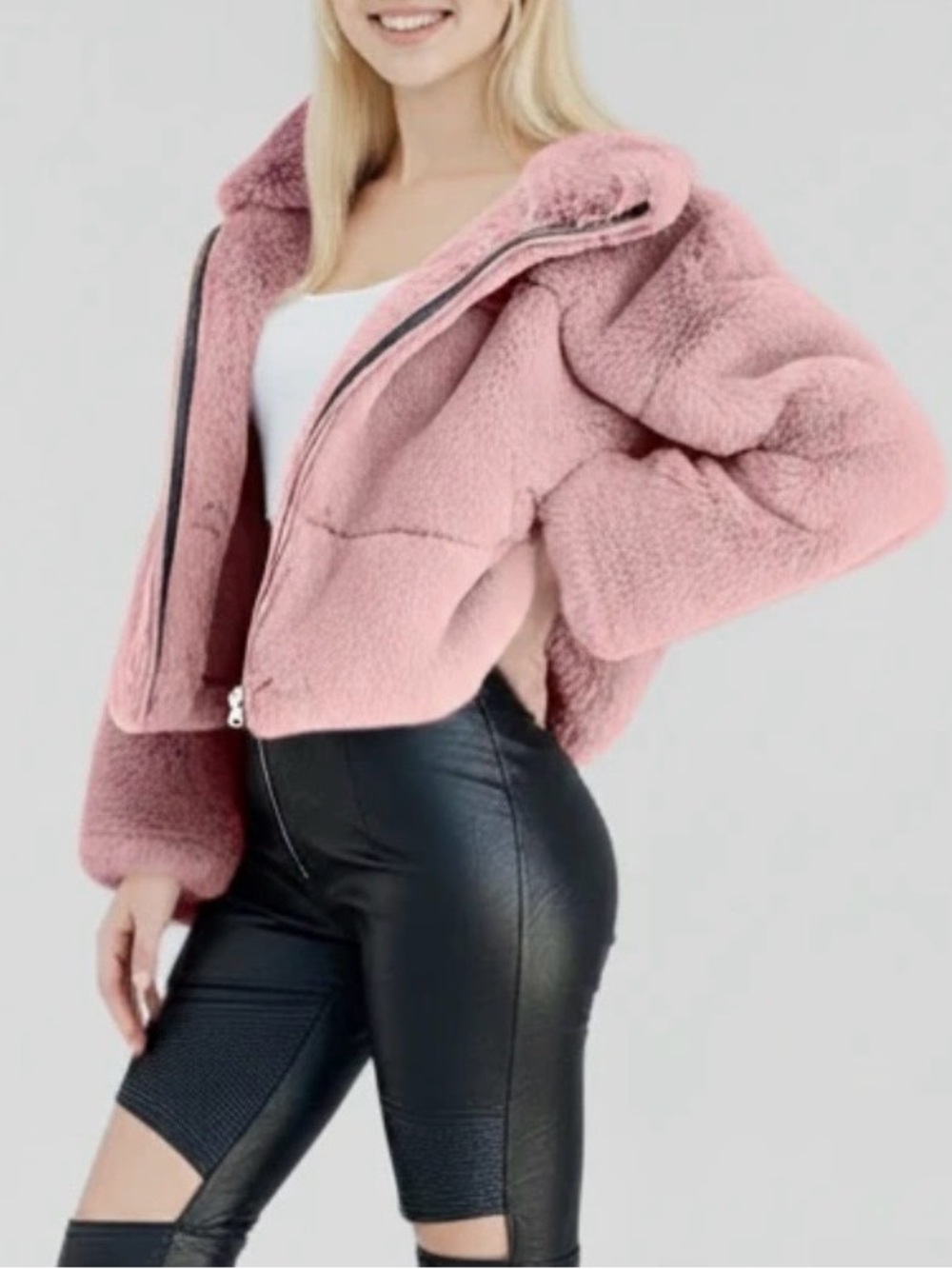 URBAN RETRO teddy faux shearling zip up jacket drawstring waist pink NWT size XL